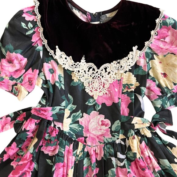 Vintage Jessica McClintock Novelty Floral Print Velvet Collar Dress 6X USA - Picture 2 of 9
